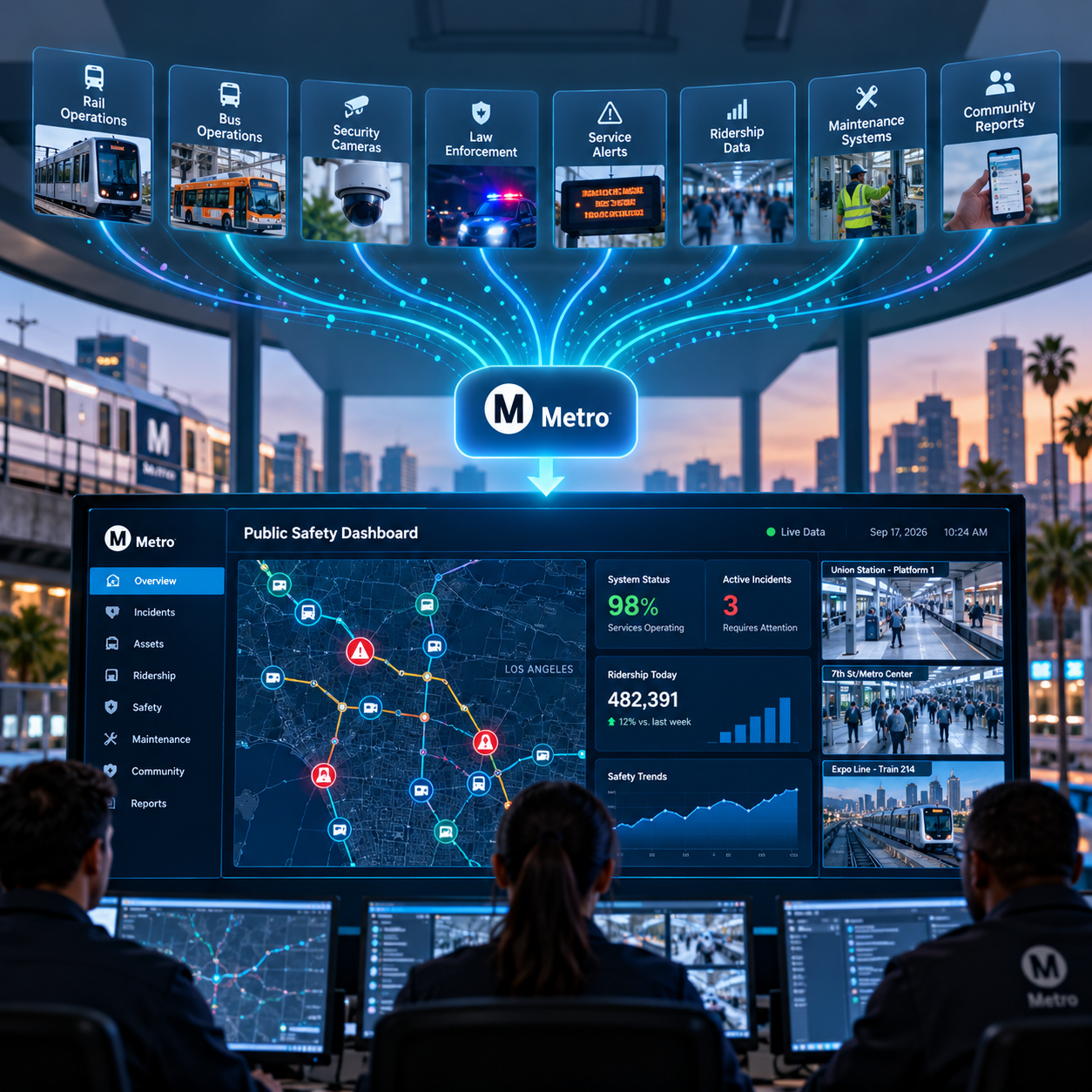 LA Metro AI-enabled Public Safety Dashboard showing safety and performance KPIs