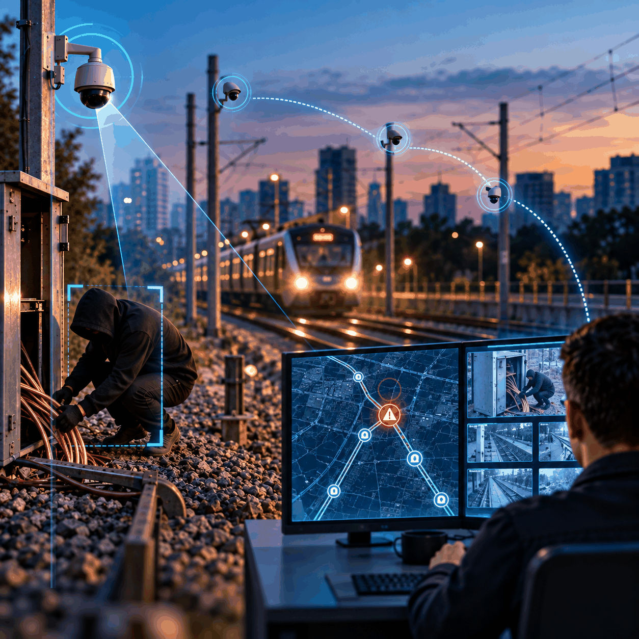Animated diagram of Corridor Intelligence monitoring a rail corridor in real time